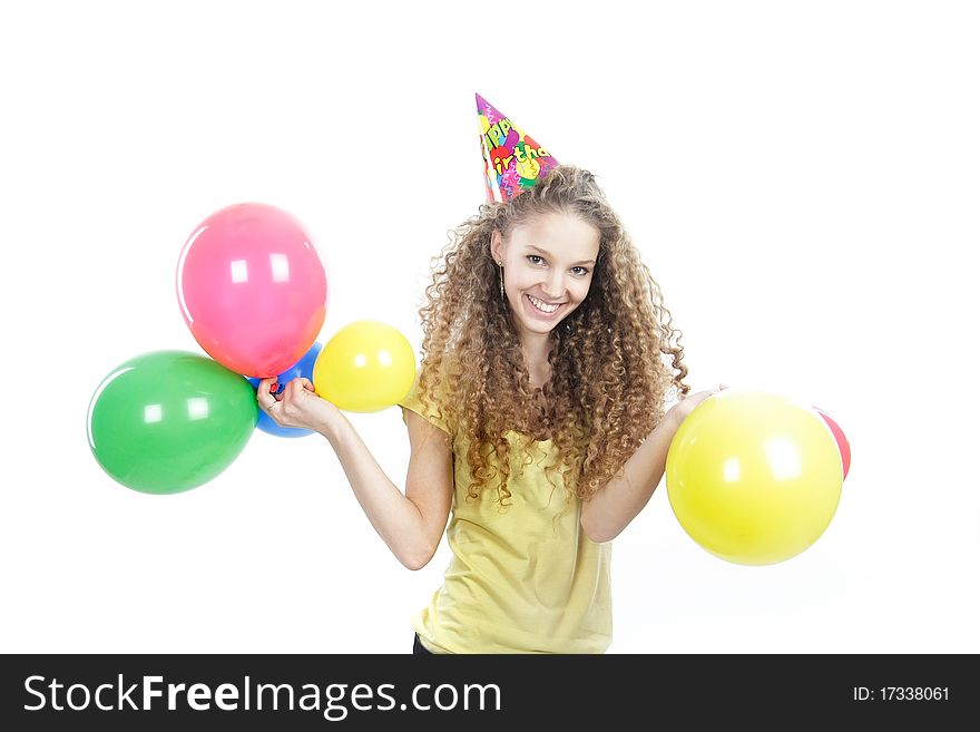 Happy girl with balloons over white