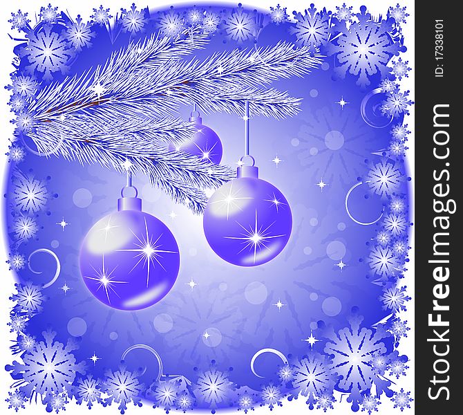 Postcard with a picture of a Christmas tree branch with balls, vector illustration, eps10