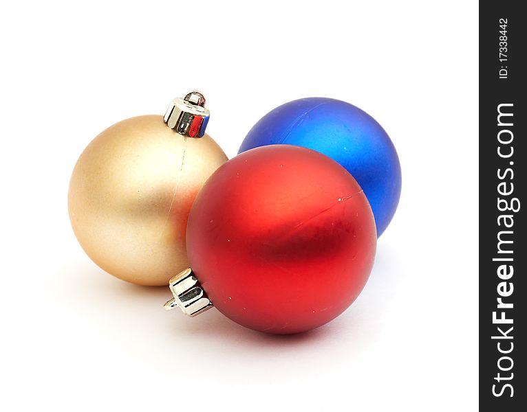 Red and blue christmas blubs on white background