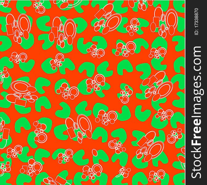 Decorative green floral on abstract red background with white drawing