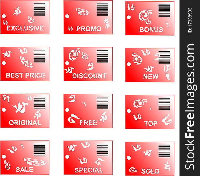 Red Sticker Tag Set With Bar Codes And Abstract Or