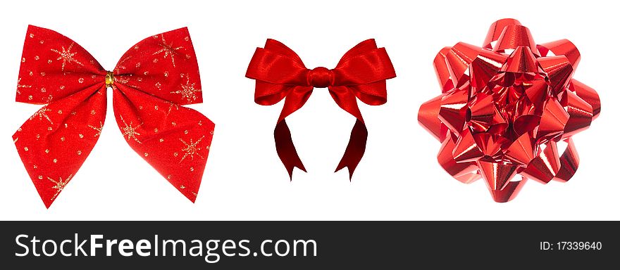 Set of beautiful bright red bows isolated over white background