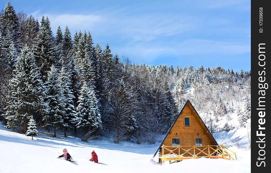 Fresh Snow and cottage in mountain