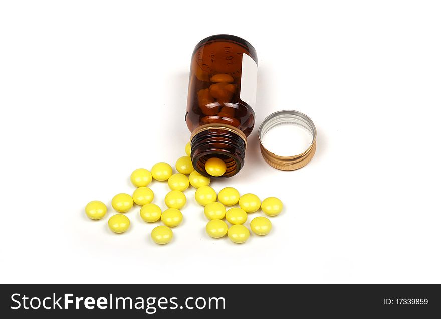 Medicine tablets and medicine equipment isolated on white