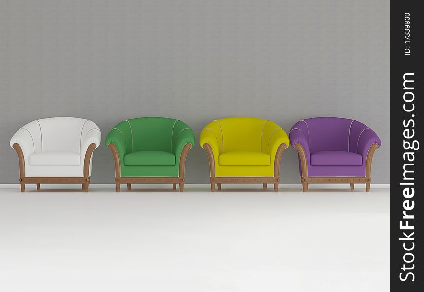 Classic armchairs in front of the old wall, modern interior design, 3d render/illustration