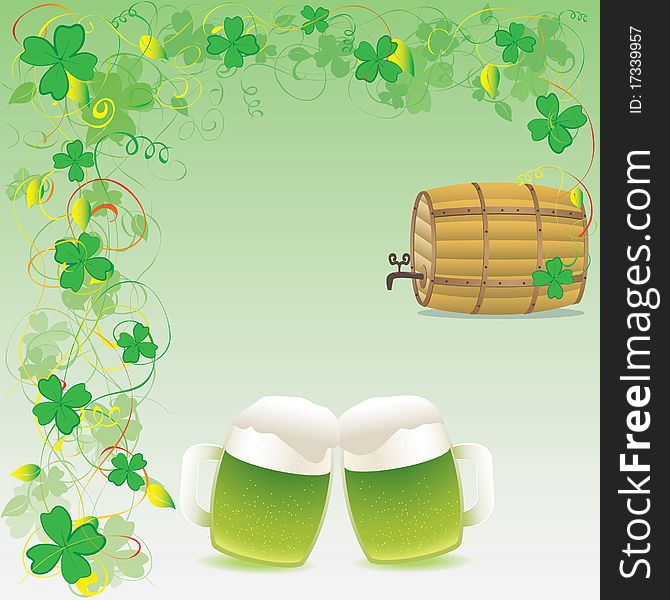 Green beer and wooden keg on a green floral background with four leaves shamrocks