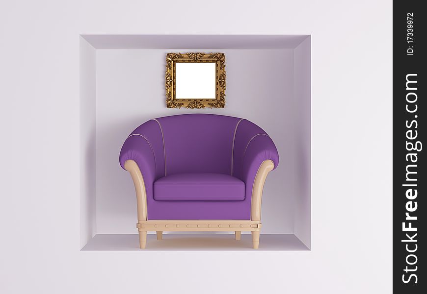 Classic violet armchair, gold empty frame in front of white wall, rendering