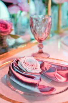 Plate With Silk Napkin And Pink Rose. Beautiful Table Setting With Flowers Decorations Stock Image