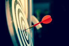 Close Up A Red Color Arrow In The Center Of Bullseye Or Bull`s-eye For Business Targeting Royalty Free Stock Photo