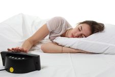 Woman In A Bed With Alarm Clock Stock Photo Woman In A Bed With Alarm Clock Stock Photo