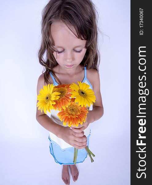 A little girl holding in her hand a beautiful flower. A little girl holding in her hand a beautiful flower