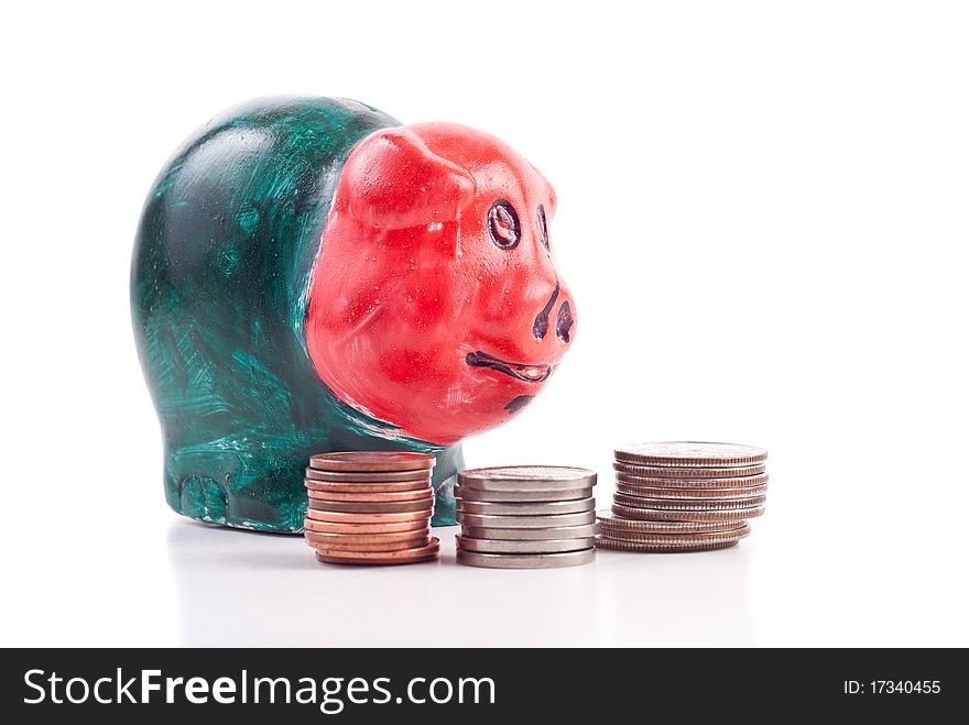 Hand Made Mini Piggy Bank with Coin Stacks. Hand Made Mini Piggy Bank with Coin Stacks