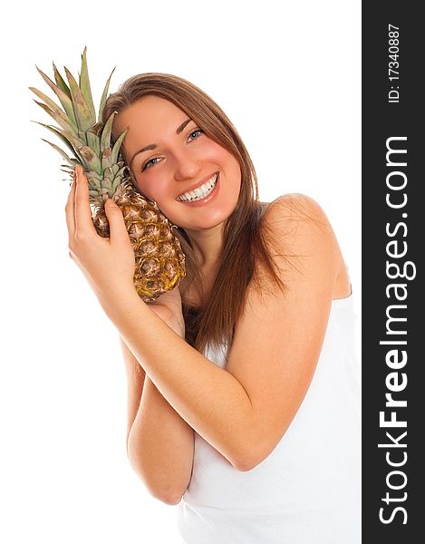 Beautiful woman with fruit on a white background