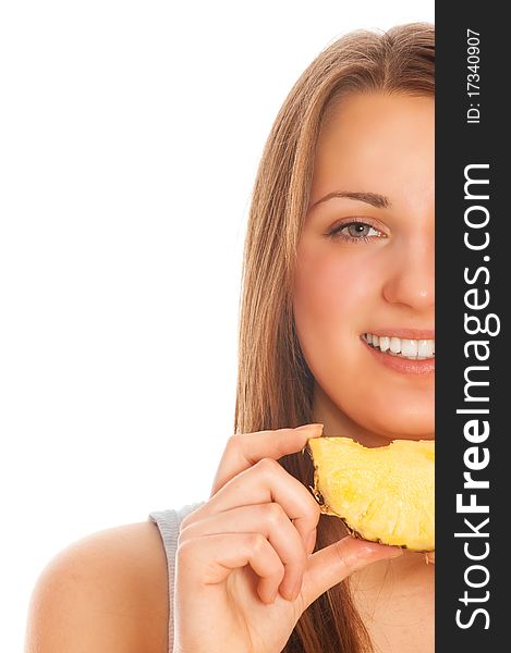 Beautiful woman with fruit on a white background