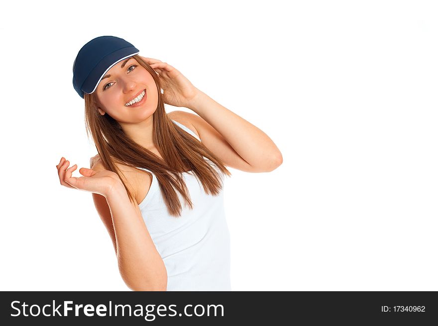 Beautiful woman with a sports cap on a white background