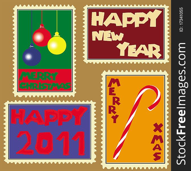 This image represents a set of four different stamps or paintings for Christmas. This image represents a set of four different stamps or paintings for Christmas