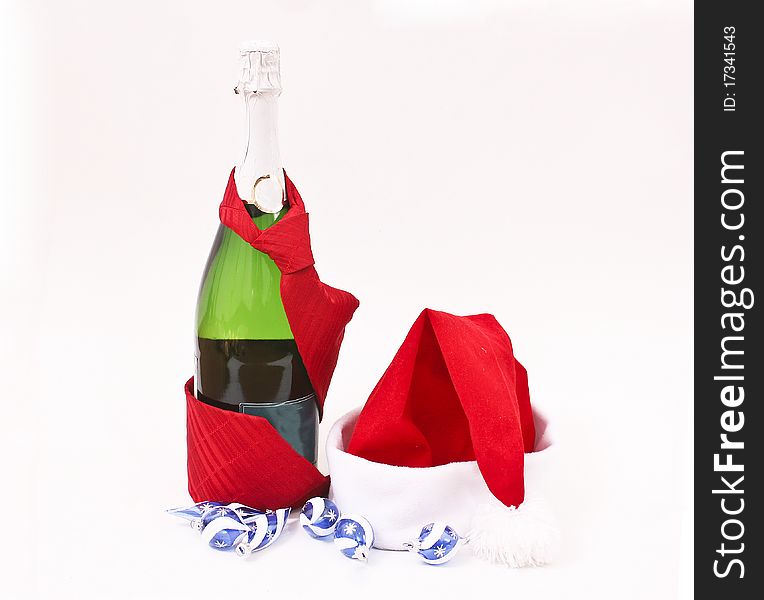 Christmas gifts,champagne and Santa hat