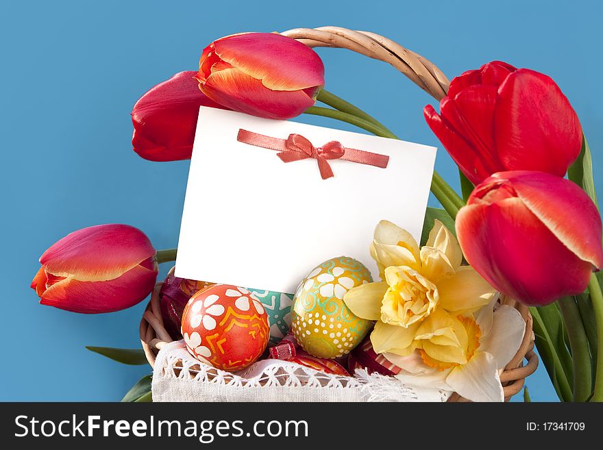 Postcard with a bow and spring flowers. Postcard with a bow and spring flowers