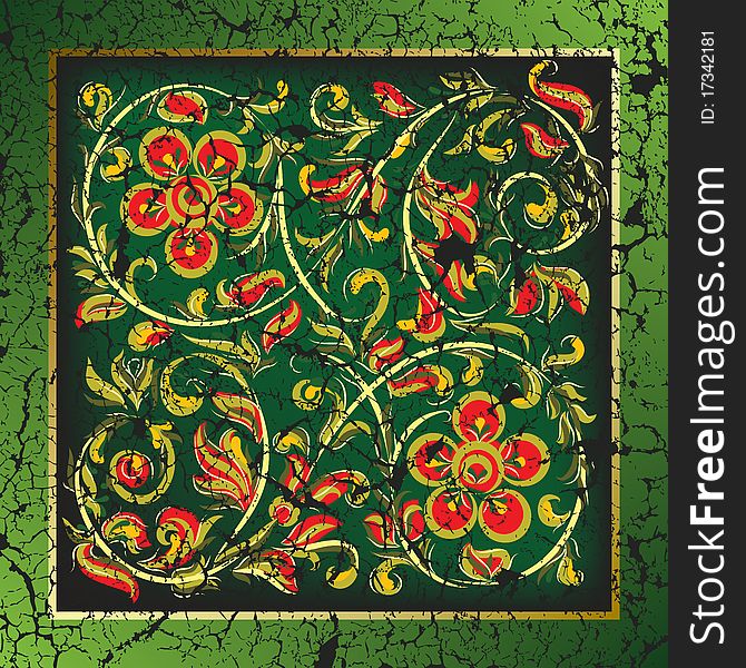 Abstract background with cracked floral ornament on green