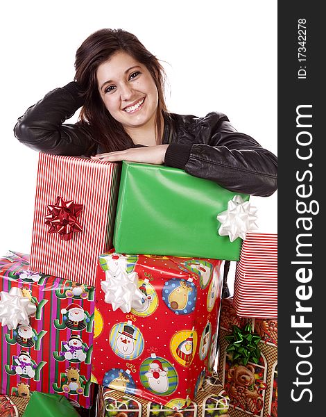 A woman happy with her stack of Christmas gifts. A woman happy with her stack of Christmas gifts.