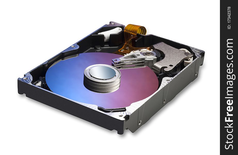 Hard drive opened up to reveal the innards of discs and reading arm, isolated on white with shadow and clipping path. Hard drive opened up to reveal the innards of discs and reading arm, isolated on white with shadow and clipping path