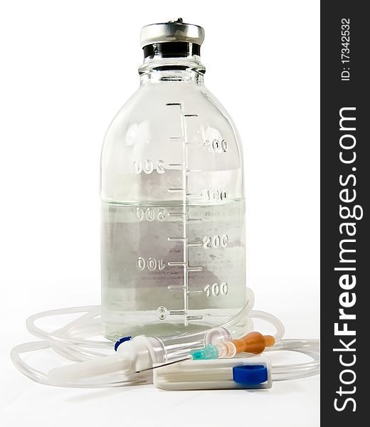 Large bottle with a medical solution to physical and system for infusion. Large bottle with a medical solution to physical and system for infusion