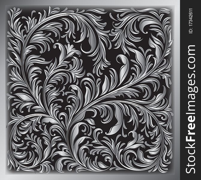 Abstract background with silver floral ornament on black. Abstract background with silver floral ornament on black