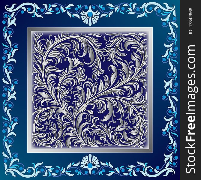 Abstract blue background with silver floral ornament on black. Abstract blue background with silver floral ornament on black