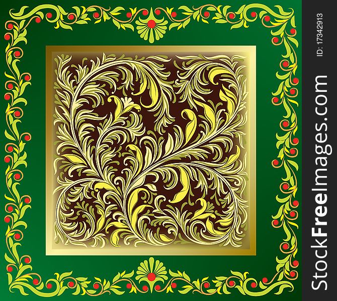 Abstract green background with golden floral ornament on black. Abstract green background with golden floral ornament on black