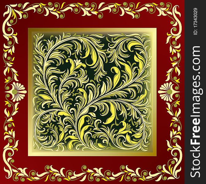 Abstract red background with golden floral ornament on black. Abstract red background with golden floral ornament on black