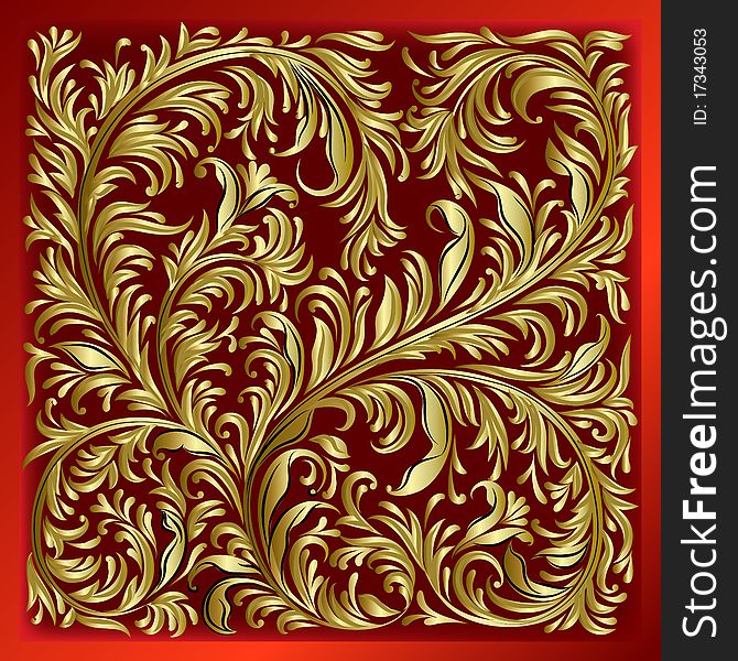 Abstract red background with gold floral ornament on black. Abstract red background with gold floral ornament on black