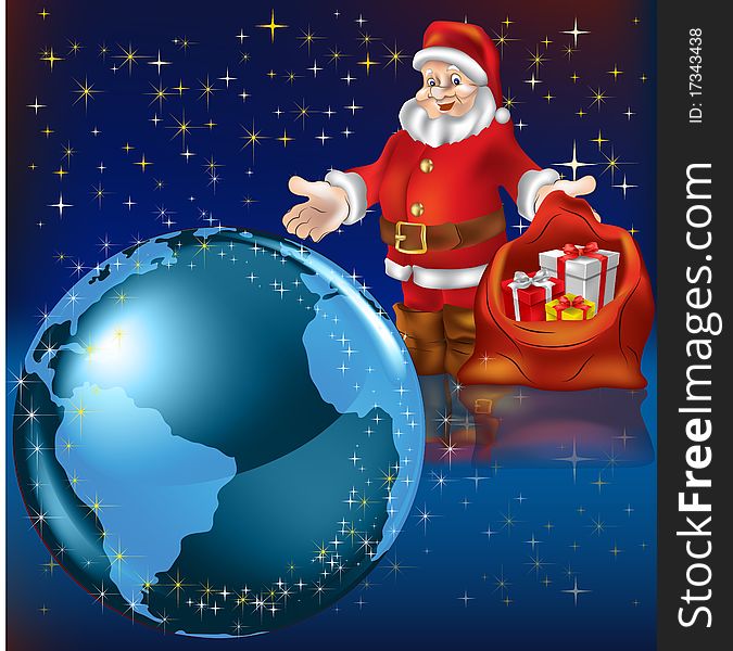 Santa Claus with gifts and planet earth. Santa Claus with gifts and planet earth