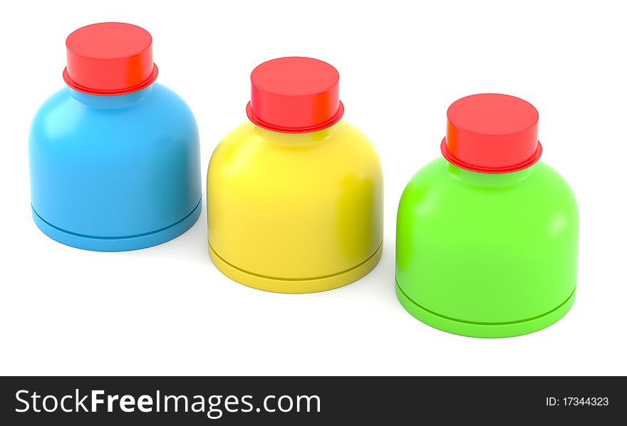 Three color plastic bottles isolated on white background