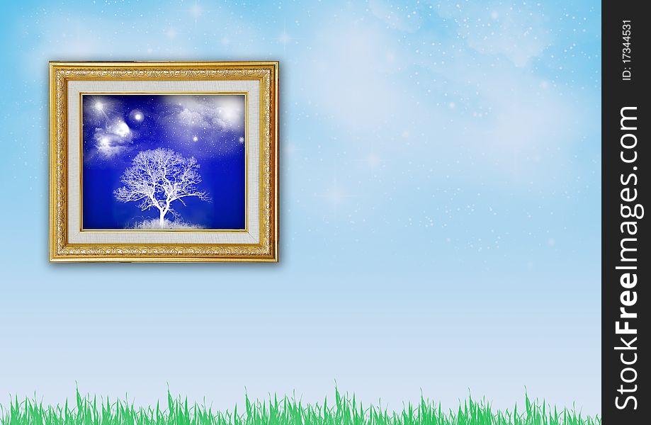 Golden Picture Frame on Blue Sky Bckground. Golden Picture Frame on Blue Sky Bckground