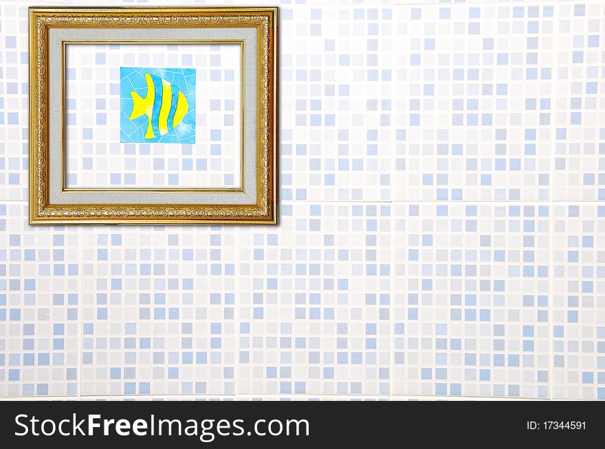 Gold Picture Frame on Ceramic Wall with fish sticker
