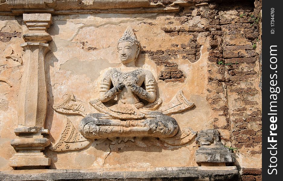 Lanna ancient wall in thai temple at wat jed yod temple.