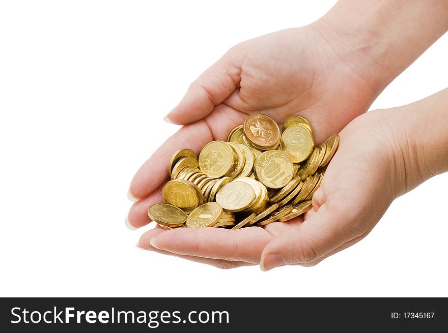 Hands with coins isolated on white background close up