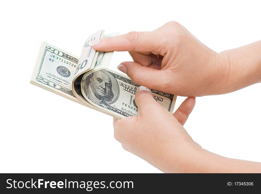 Hand counting money isolated on white background