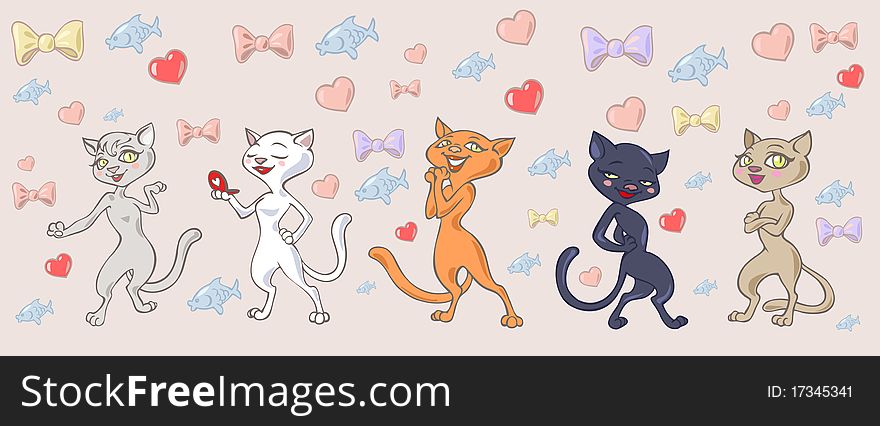 Funny pretty cats posing on the background of different decorative elements like hearts, fish and bows. Funny pretty cats posing on the background of different decorative elements like hearts, fish and bows