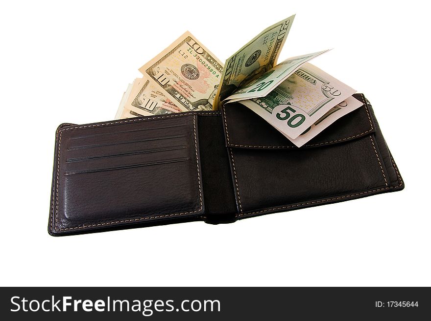 Simple brown purse with the American money (on a white background, a leather purse). Simple brown purse with the American money (on a white background, a leather purse)