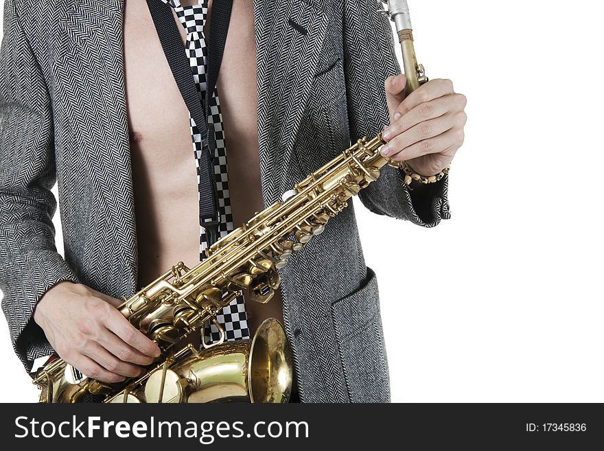Closeup man holding saxophone