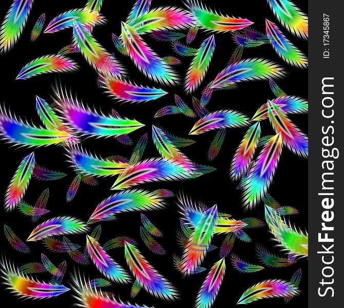 Flying feathers。Colors of the rainbow。Black background。. Flying feathers。Colors of the rainbow。Black background。