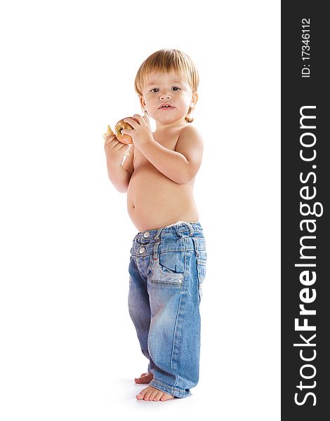 Little boy with an apple on a white background