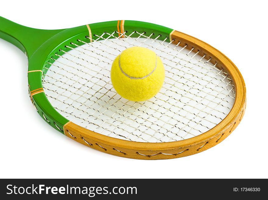 Tennis racket and ball isolated on white background