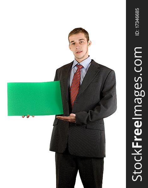 Young businessman with an empty flip-chart