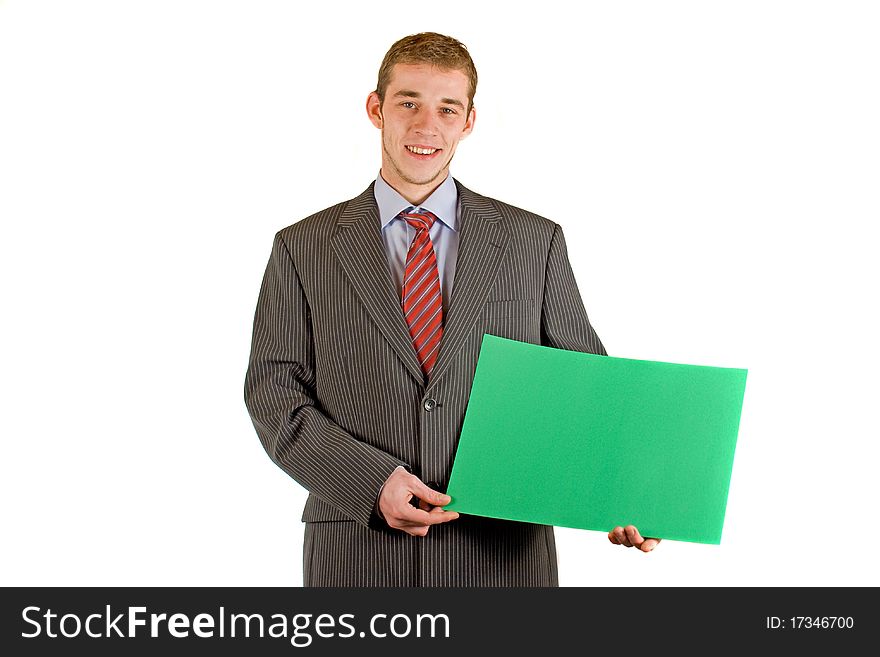 Young businessman with an empty flip-chart