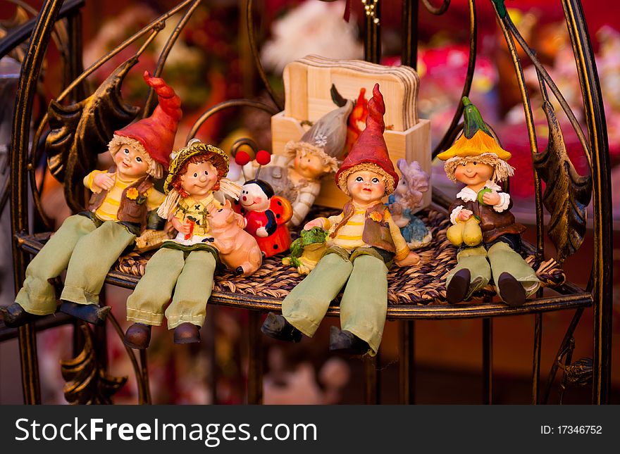 Colorful ceramic toys for sale at a Christmas fair