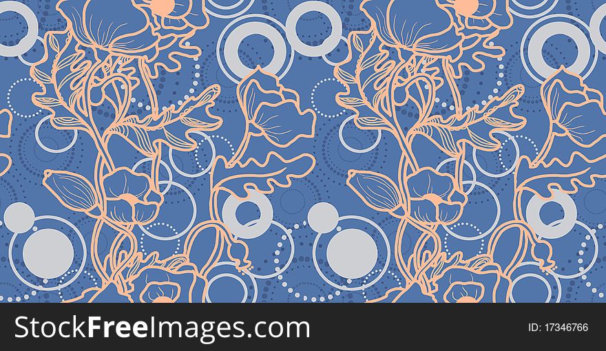 Pattern with poppies, circles on the blue background. Pattern with poppies, circles on the blue background