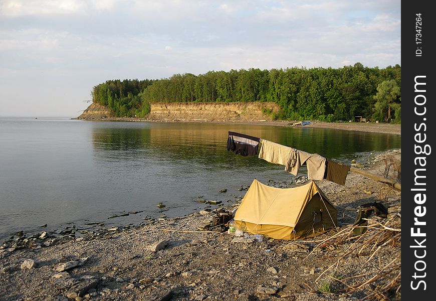 Tourist tent on river bank of Volga in Russia. Tourist tent on river bank of Volga in Russia