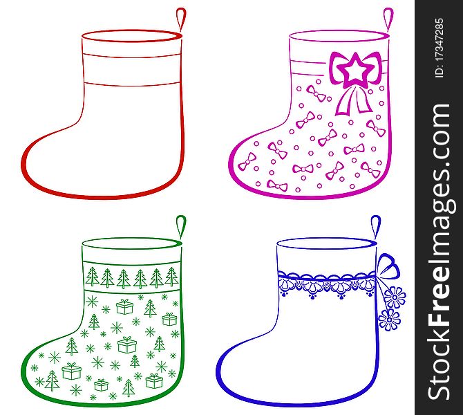 Christmas stockings for gifts decorated, monochrome pictogram, set, isolated. Christmas stockings for gifts decorated, monochrome pictogram, set, isolated